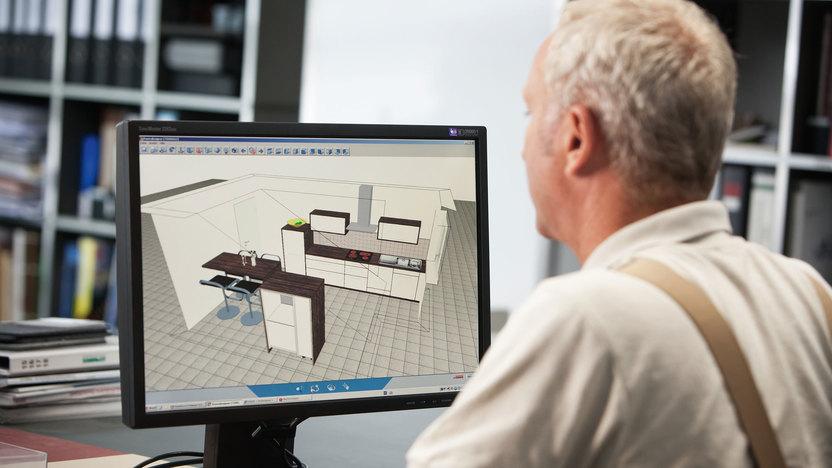 Planungsdarstellung am Computer durch Tischler Planungsdarstellung einer Küche in 3D am Computer durch Tischler