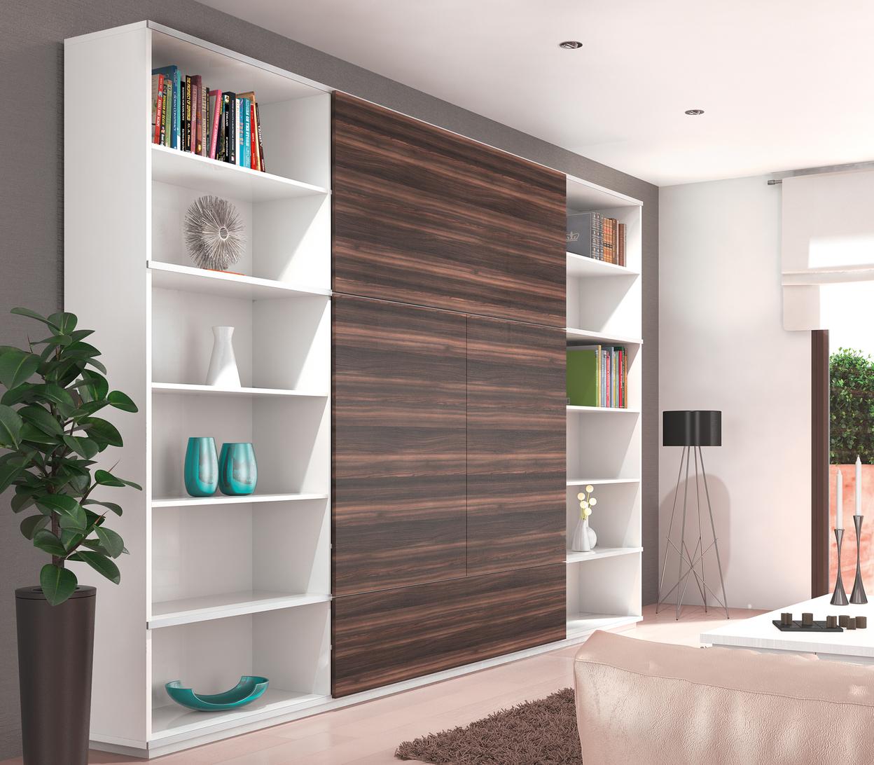 Einbauschrank im Wohnraum in weiß und dunkel lackiertem Holz Einbauschrank mit außen zwei weißen offenen Regalen und einem mittigen dunkel lackiertem, geschlossenen Holzschrank im Wohnraum